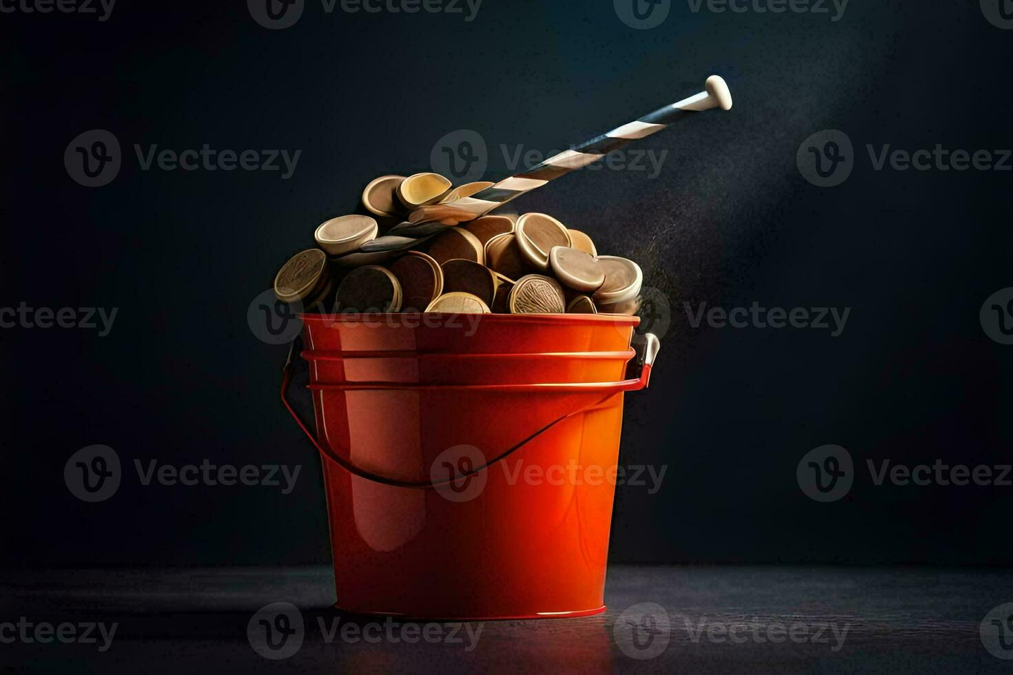 a red bucket filled with coins and a straw. AI-Generated photo