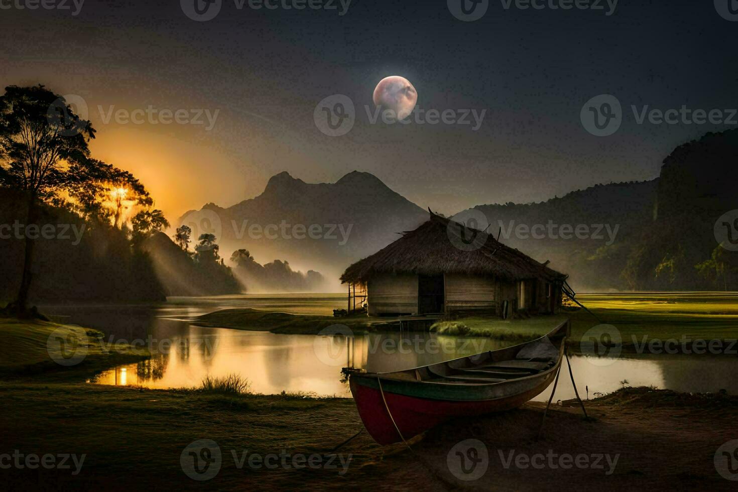 the moon rises over the lake. AI-Generated photo