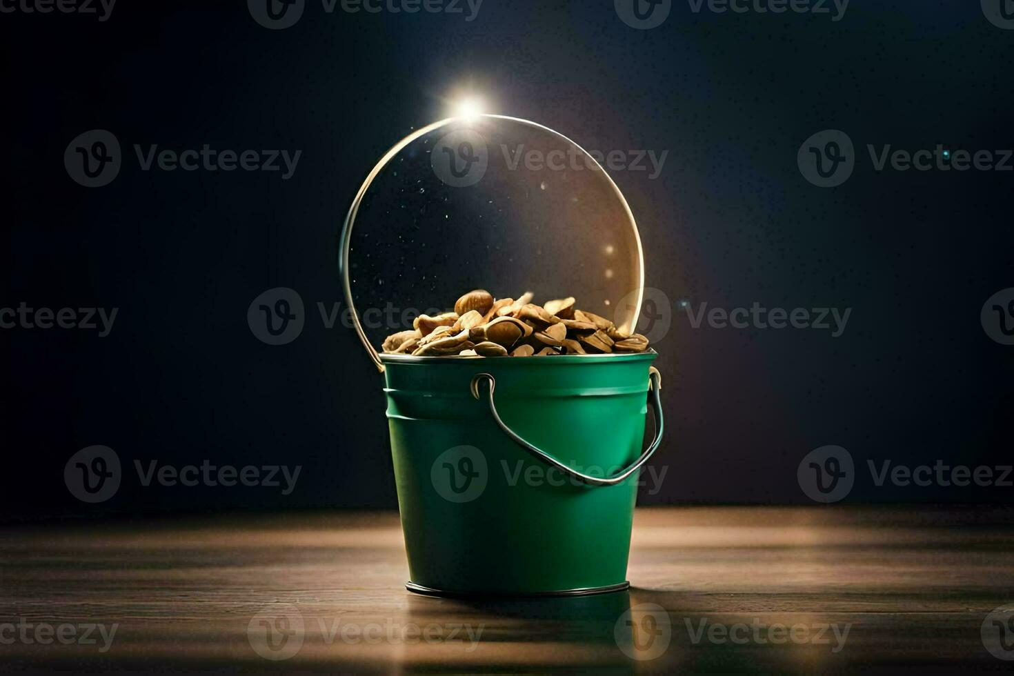 a bucket filled with nuts on a dark table. AI-Generated photo