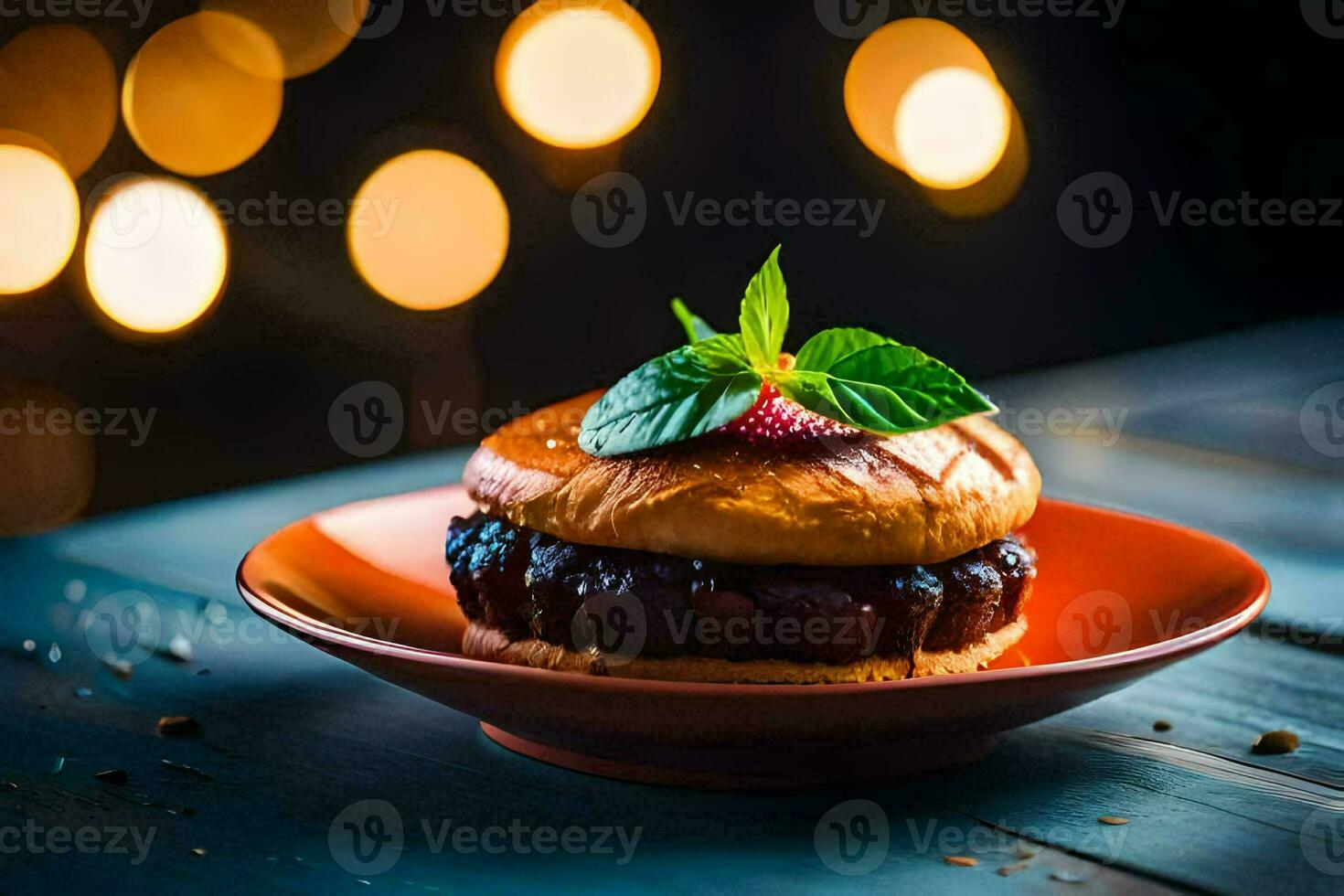 a hamburger on a plate with mint leaves. AI-Generated photo