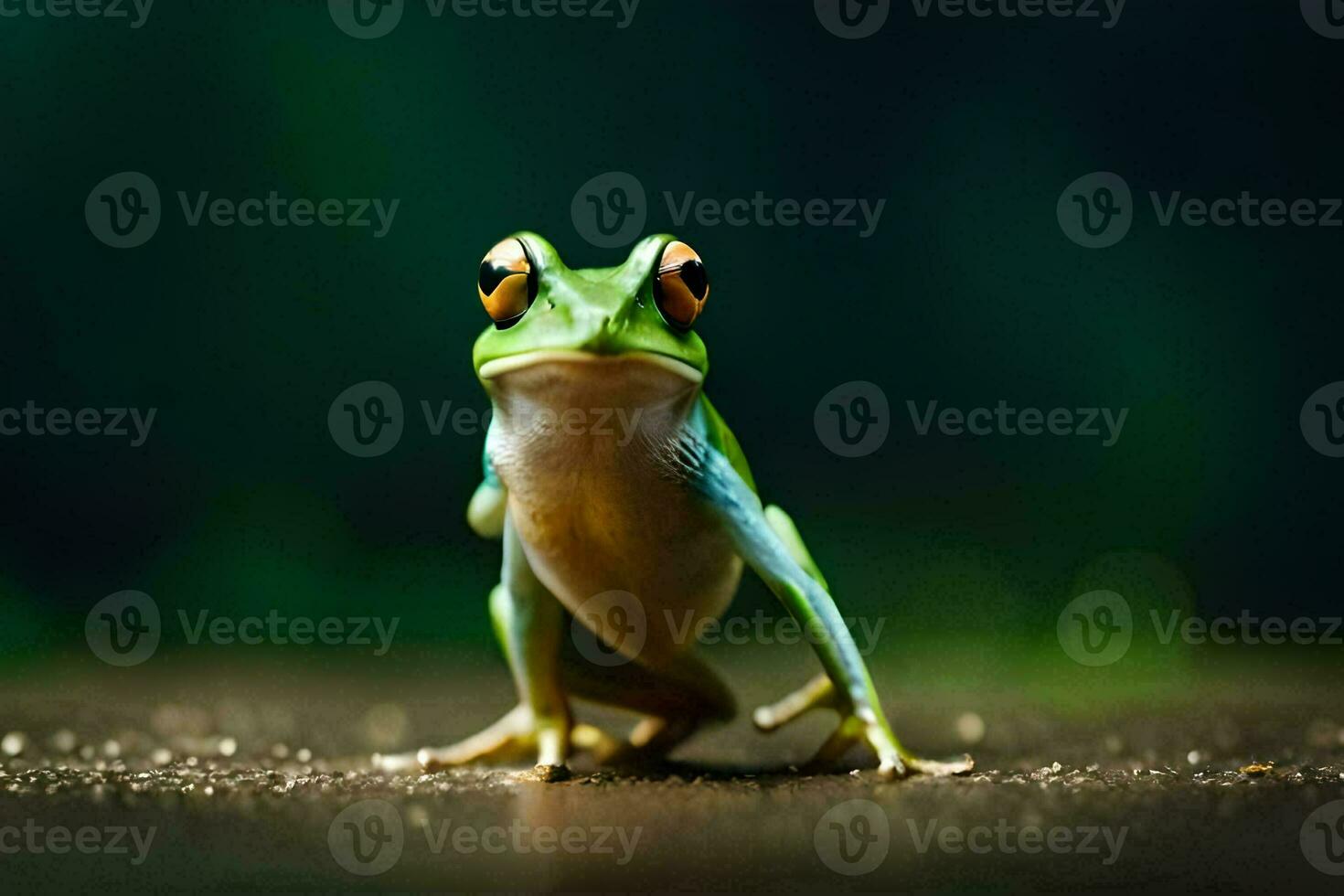a frog with a big eye is standing on the ground. AI-Generated photo