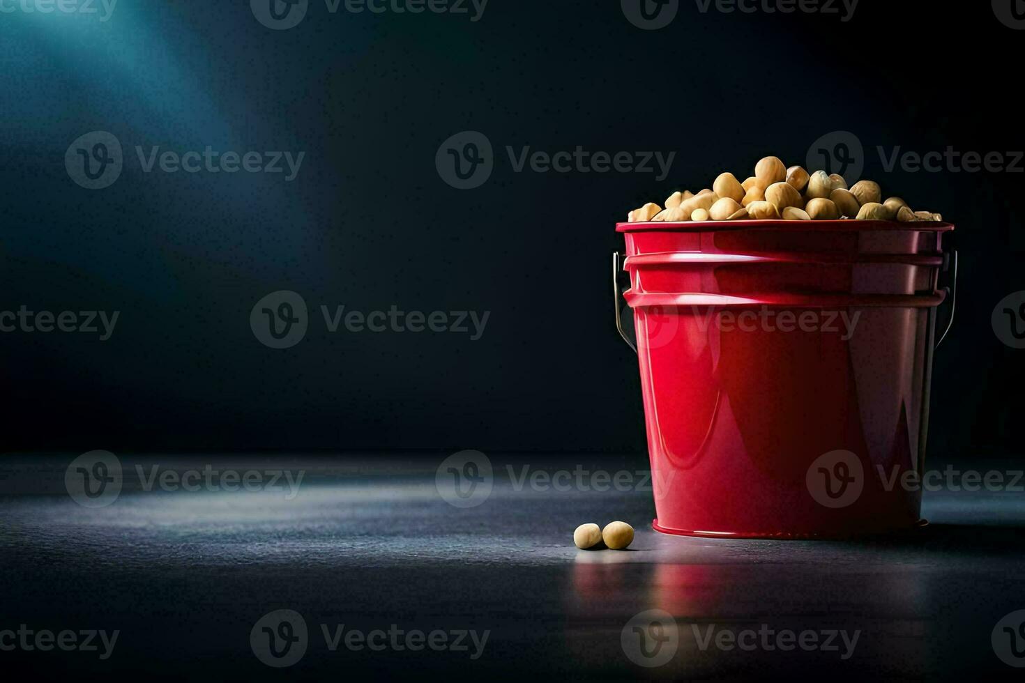 a red bucket filled with peanuts on a dark table. AI-Generated photo