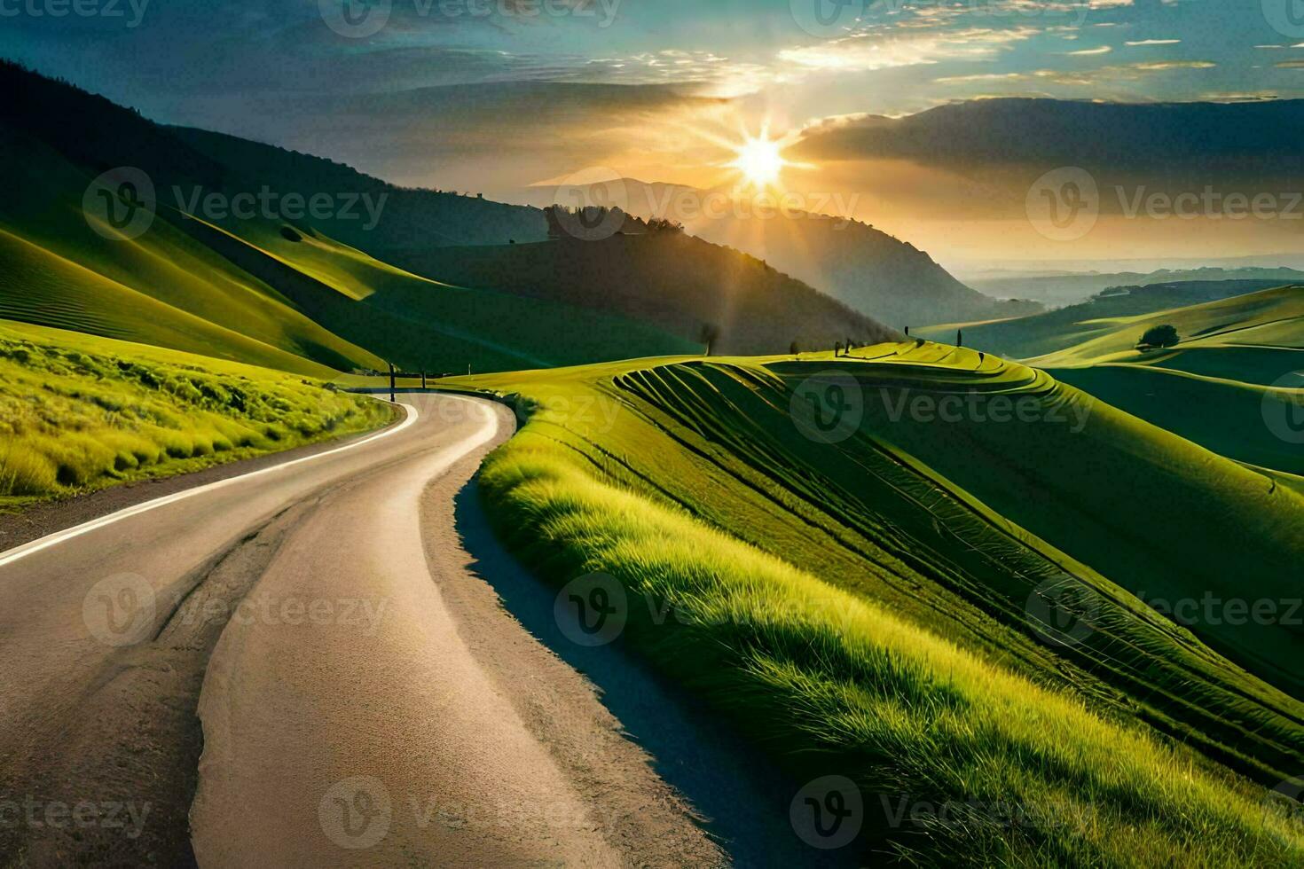 the road to the sunset. AI-Generated photo