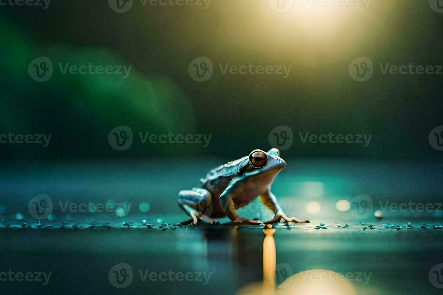 a frog sitting on the ground in the rain. AI-Generated photo