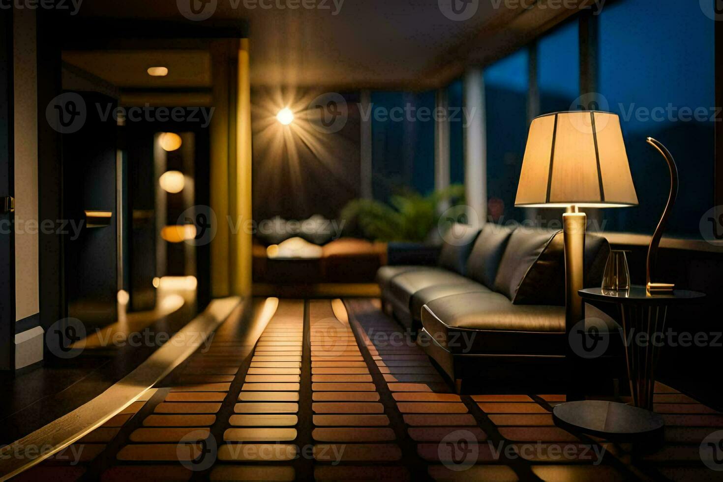 a room with a couch and lamp on the floor. AI-Generated photo