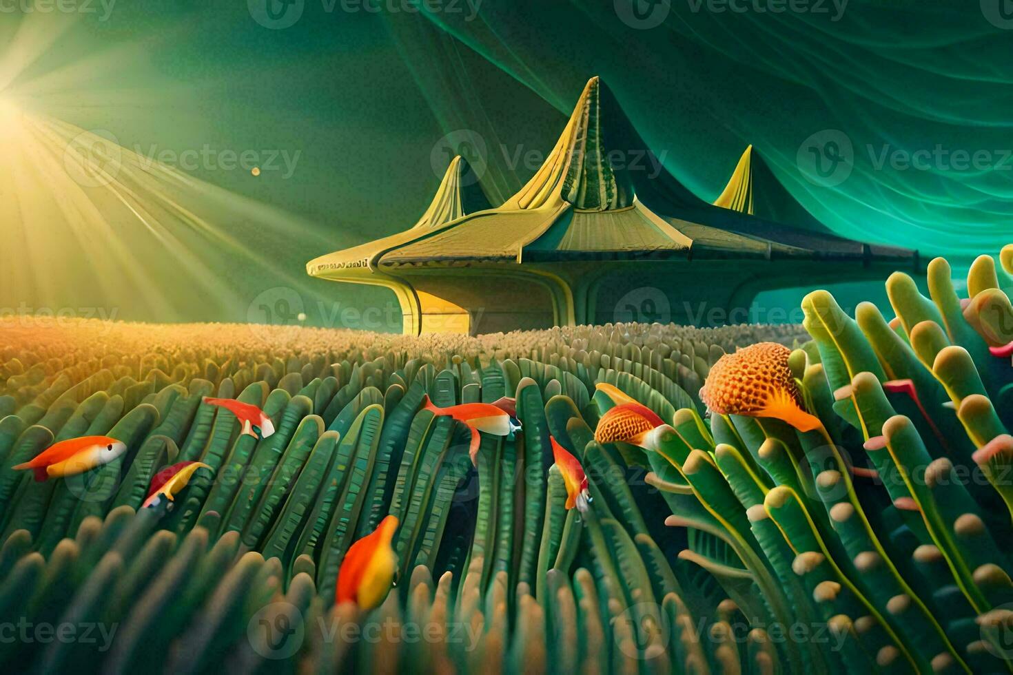 a scene with fish and a house in the ocean. AI-Generated photo