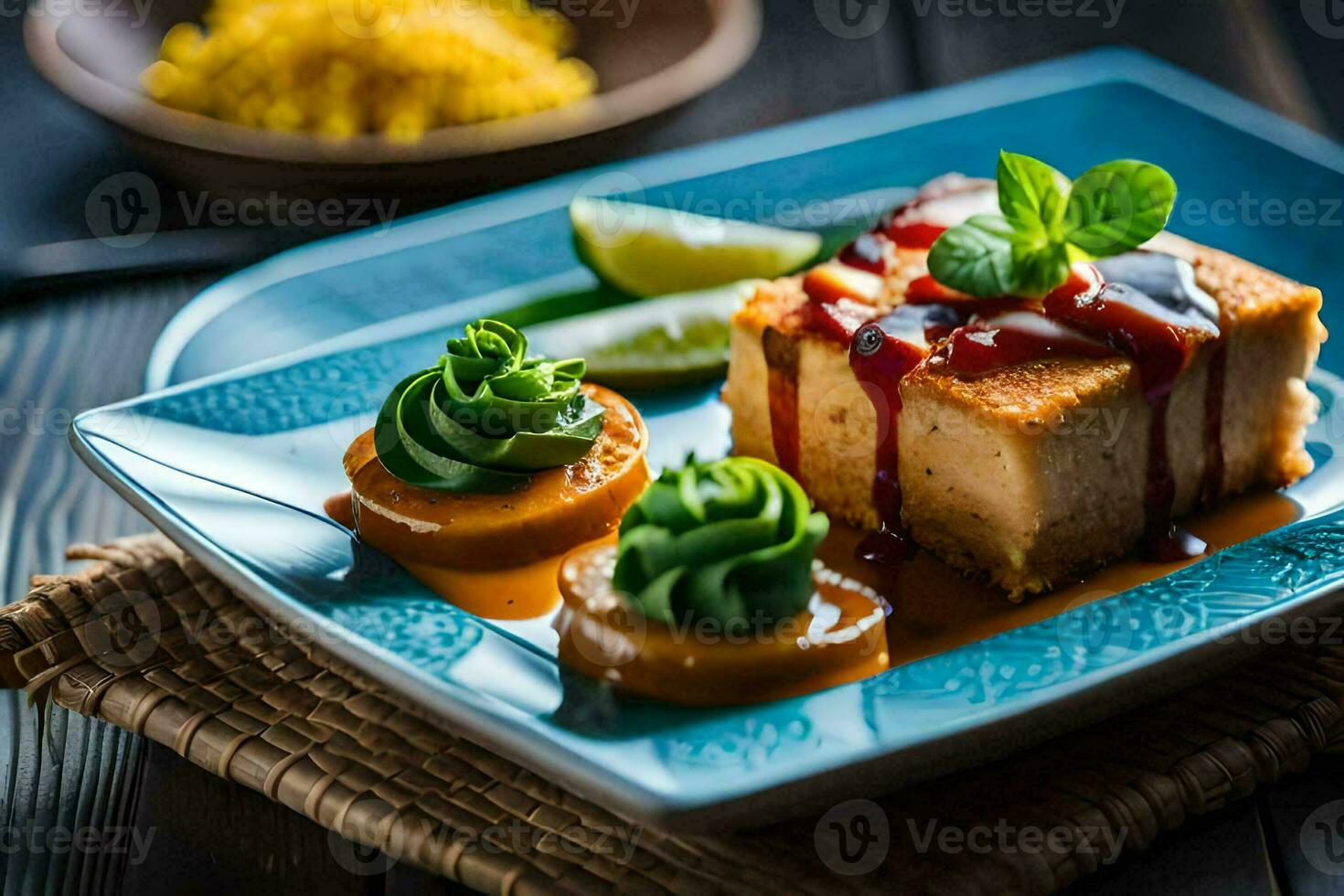 a plate with a piece of cheesecake and some vegetables. AI-Generated photo