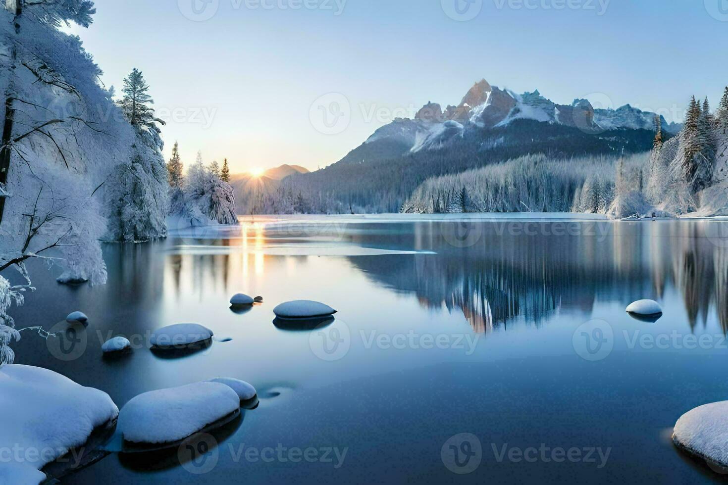 a lake in the winter with snow covered trees. AI-Generated photo