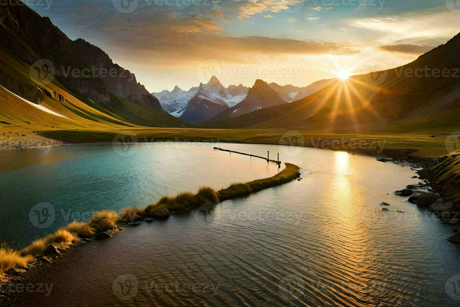 the sun rises over a lake in the mountains. AI-Generated photo