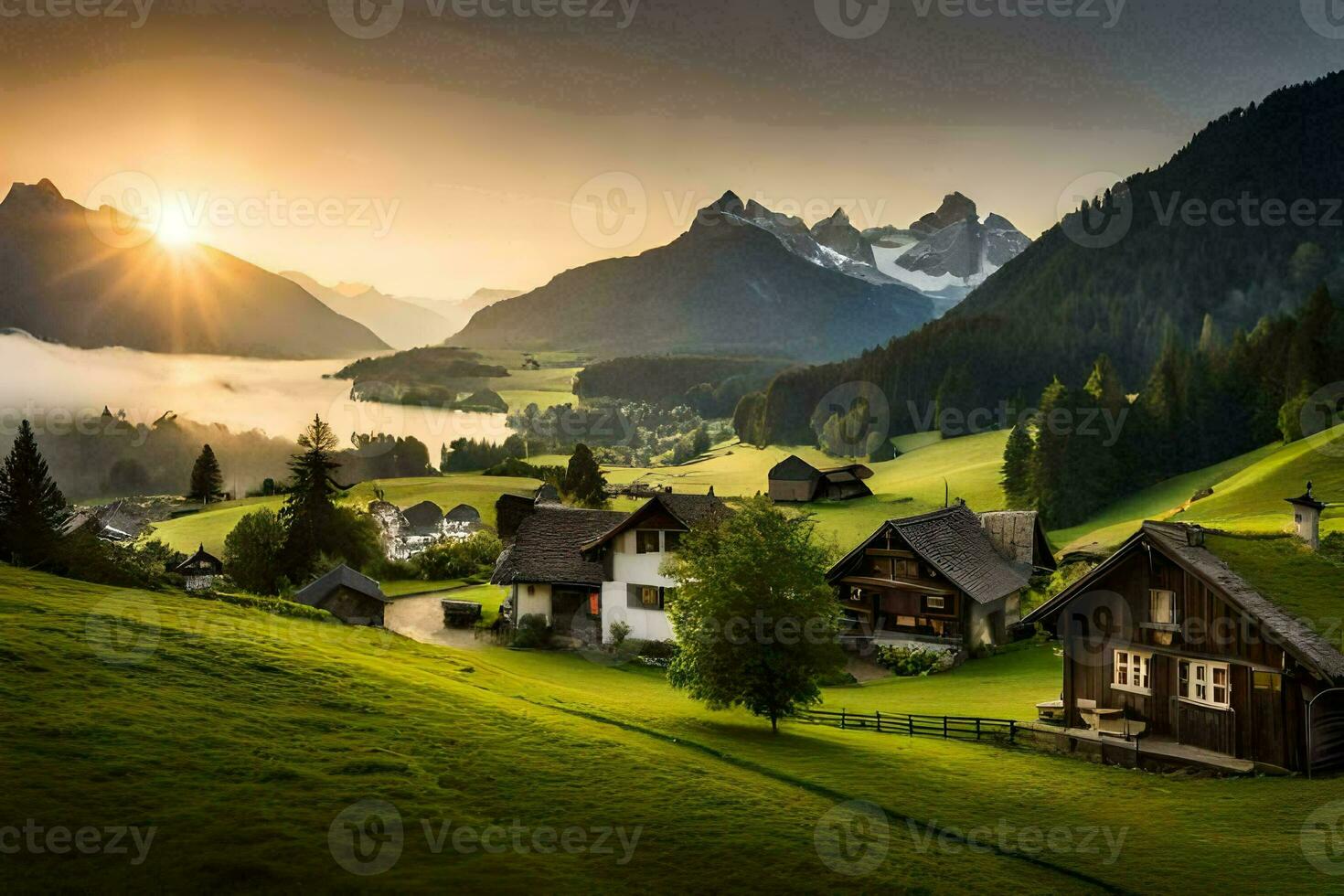 the sun rises over the mountains and the village. AI-Generated photo