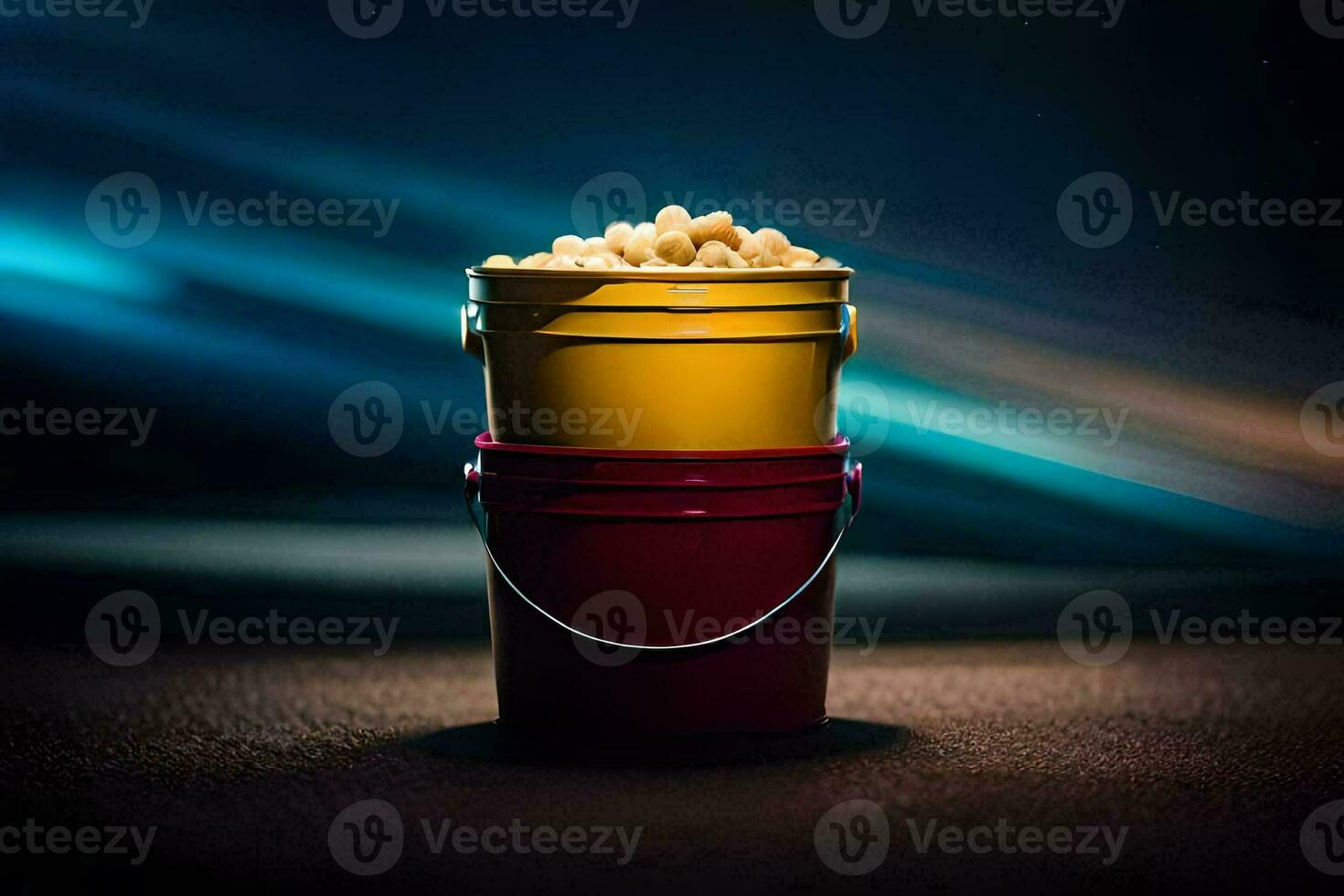 a bucket of peanuts sitting on top of a red bucket. AI-Generated photo