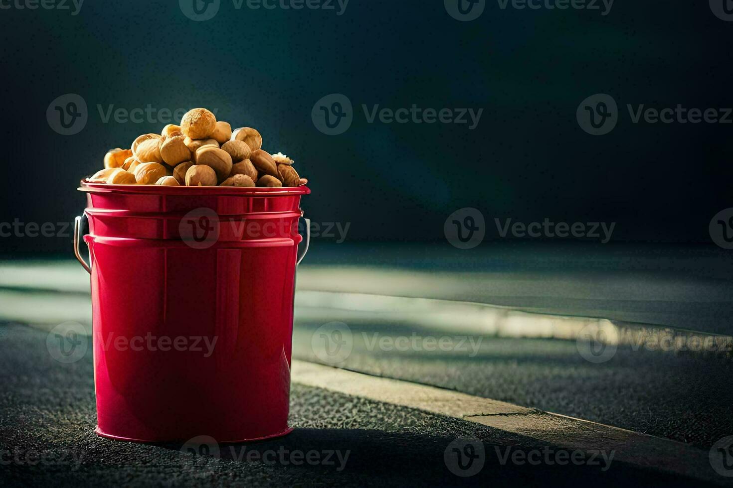 a red bucket filled with peanuts on the road. AI-Generated photo