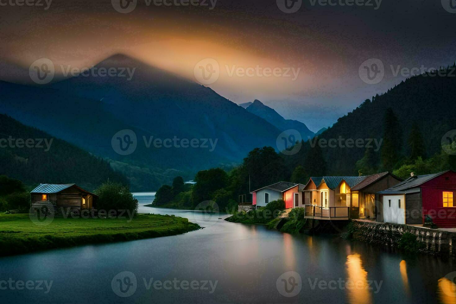 photo wallpaper the sky, mountains, river, house, the dark, the mountains, the river. AI-Generated