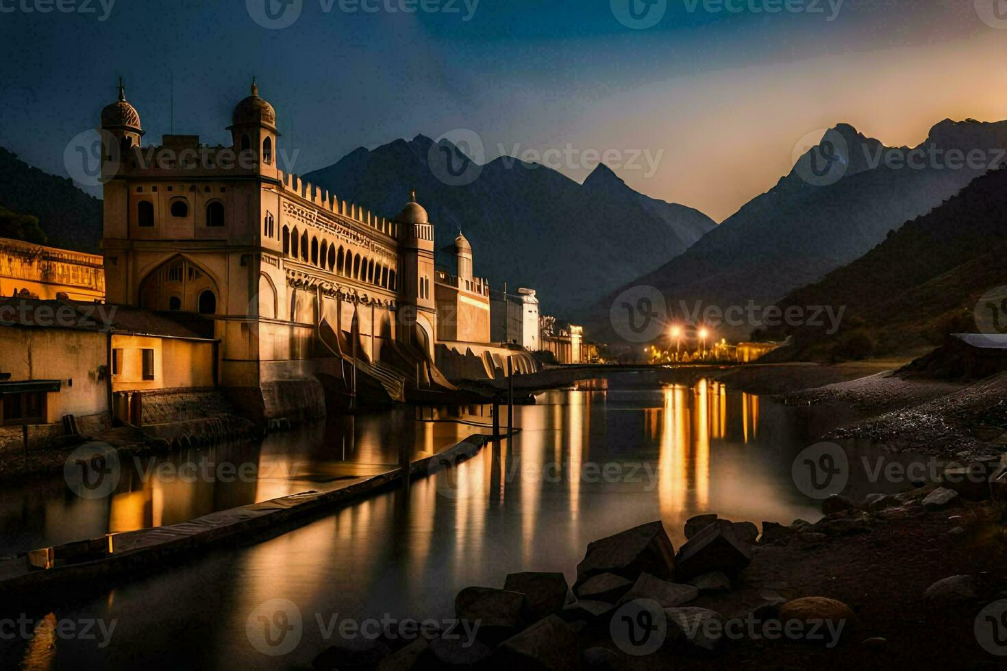 the sun sets over a river and a building in the background. AI-Generated photo