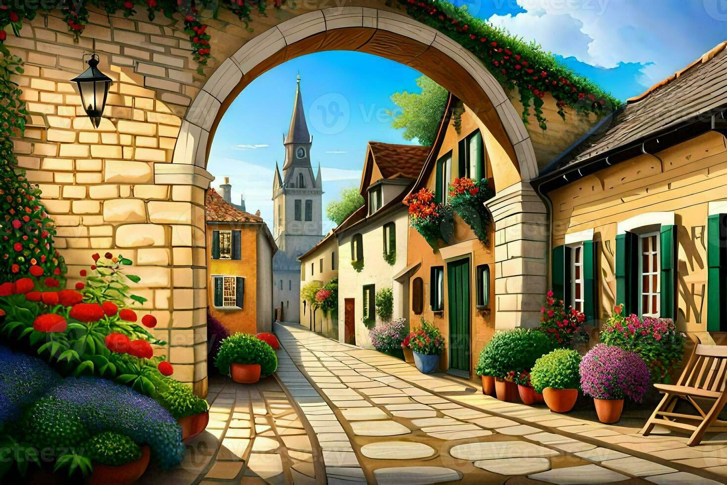an illustration of a street with flowers and plants. AI-Generated photo