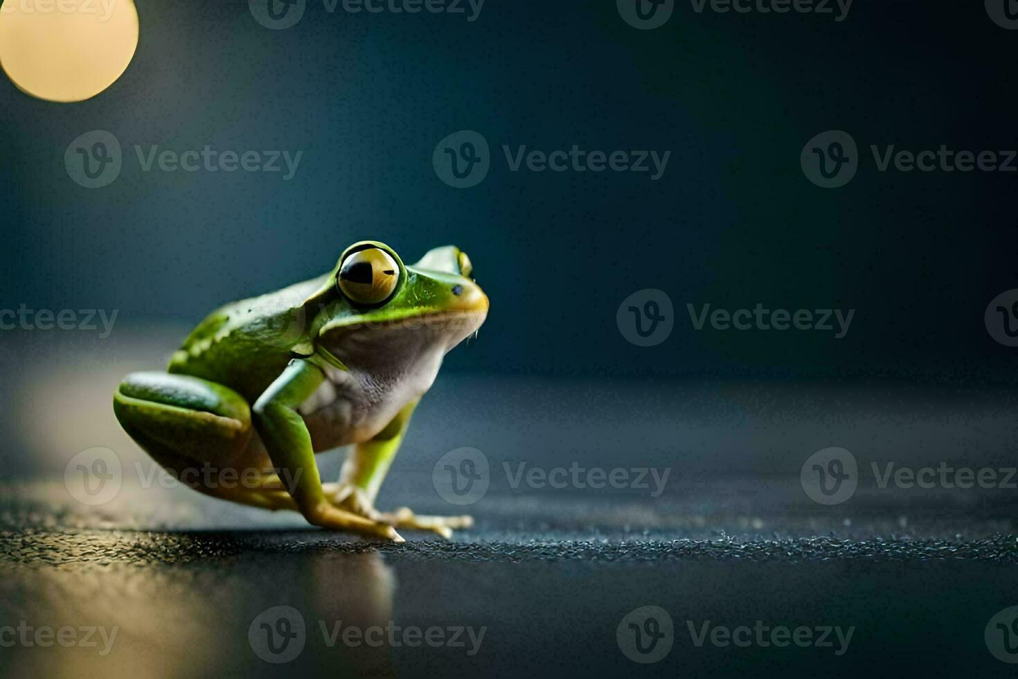 a frog sitting on a dark surface with a full moon in the background. AI-Generated photo