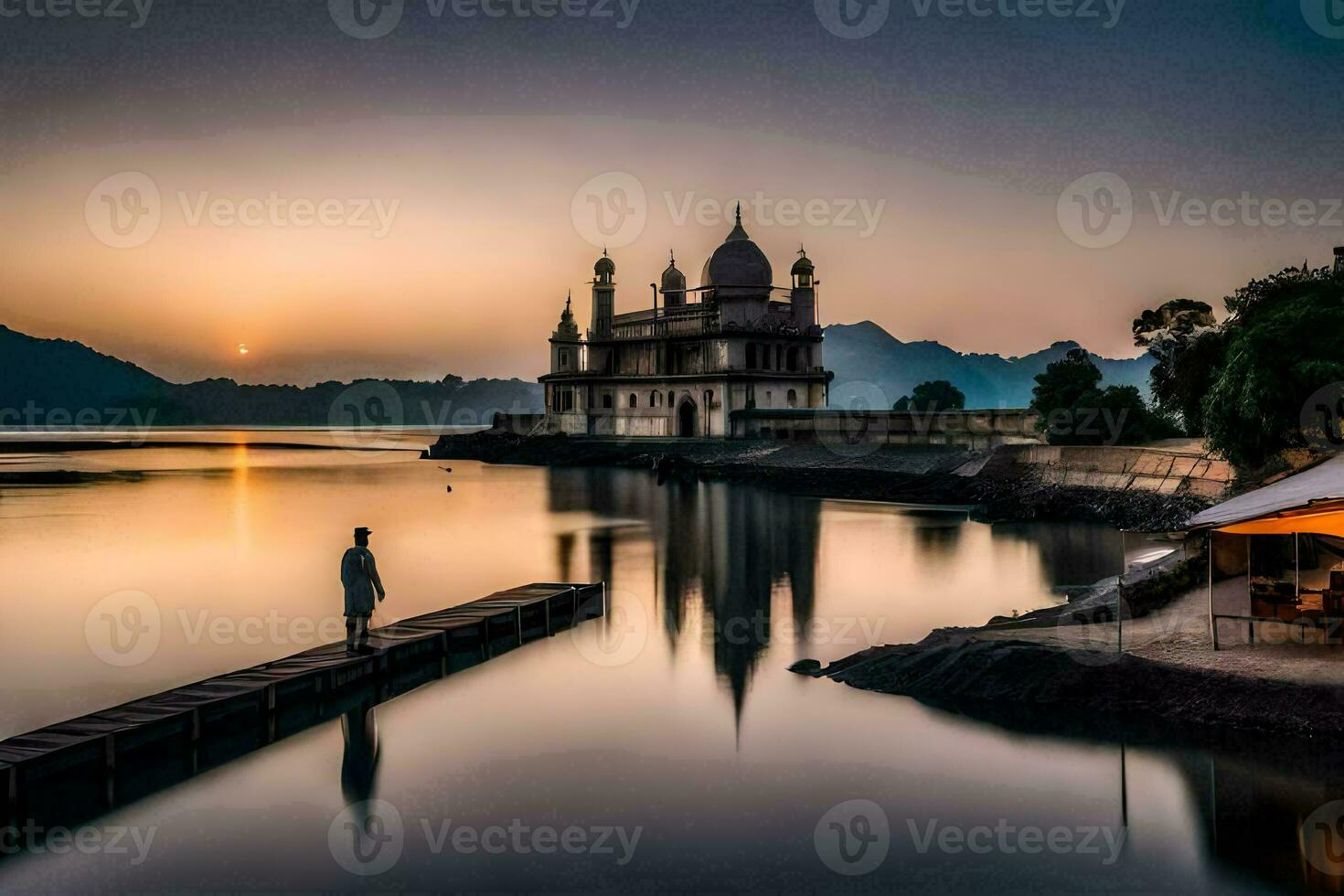 a man stands on a dock at sunset in front of a building. AI-Generated photo