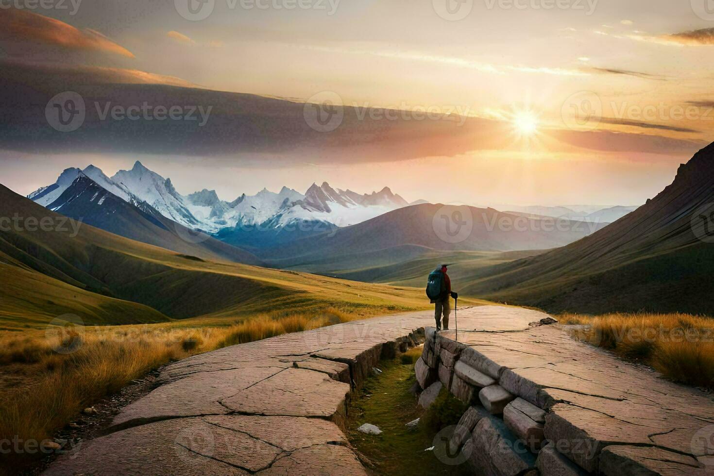 the man is standing on the road in the middle of the mountains. AI-Generated photo