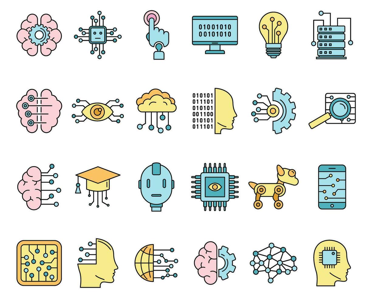 Artificial intelligence system icons set vector color
