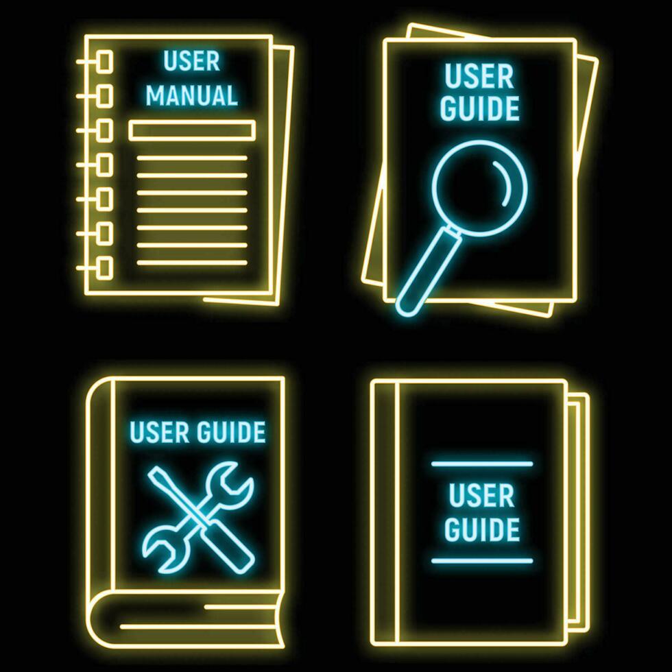 User guide book icons set vector neon