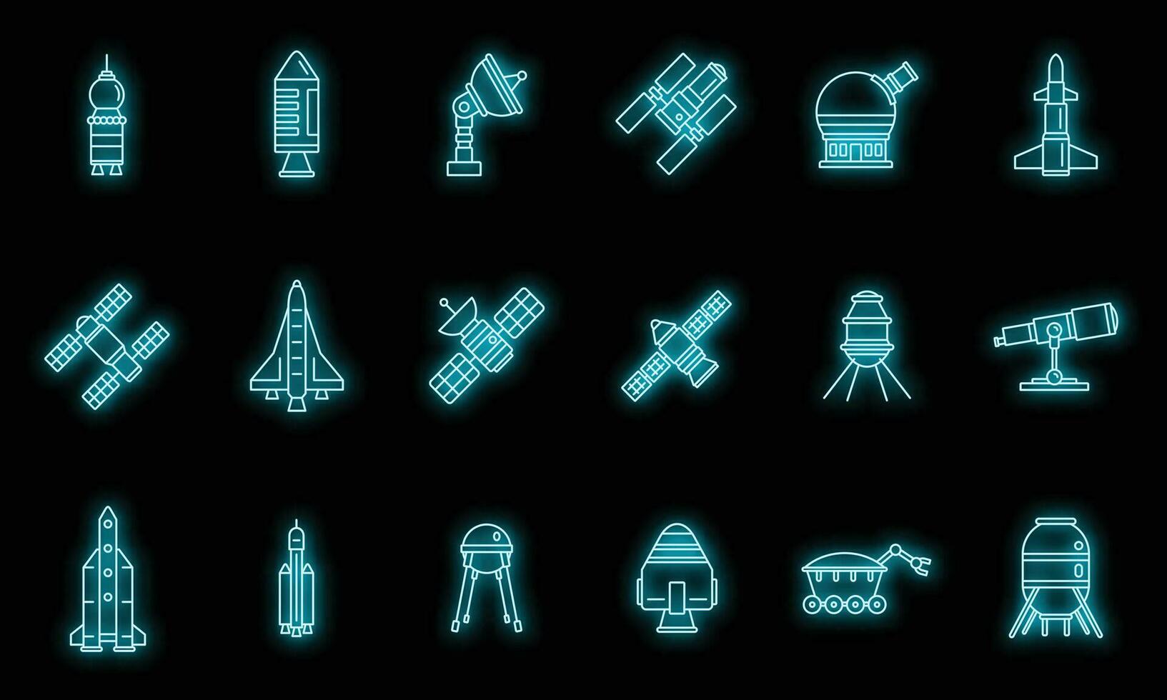 Planet space research technology icons set vector neon