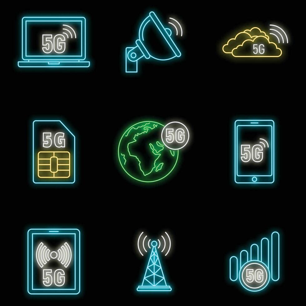5G technology network icons set vector neon