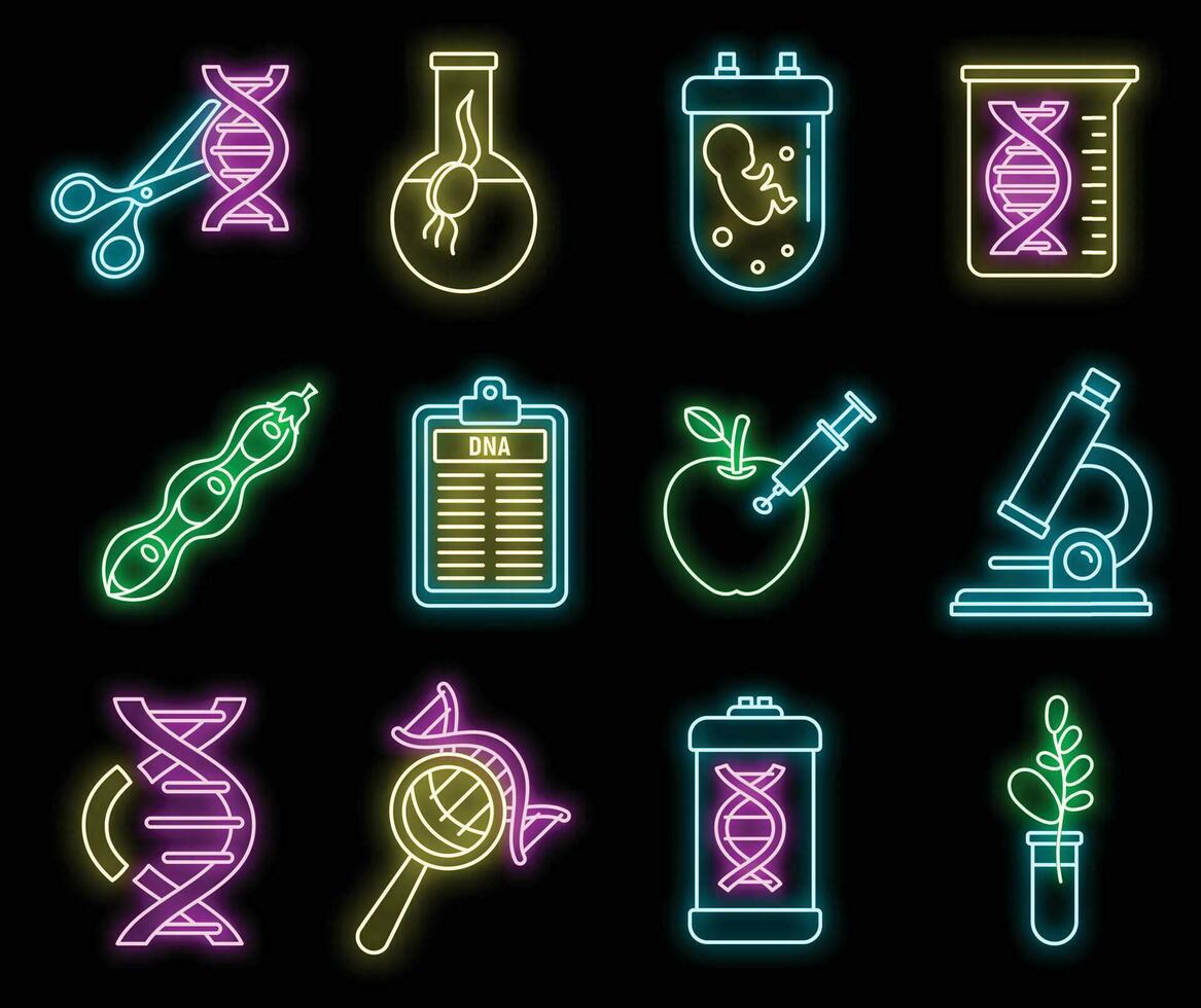 Dna genetic engineering icons set vector neon