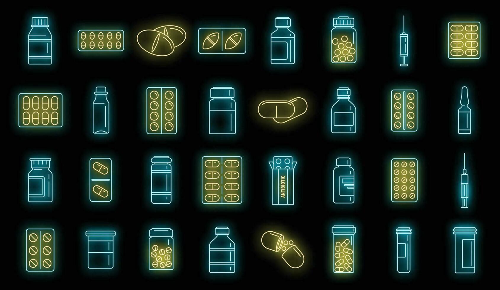 Antibiotic drug icons set vector neon