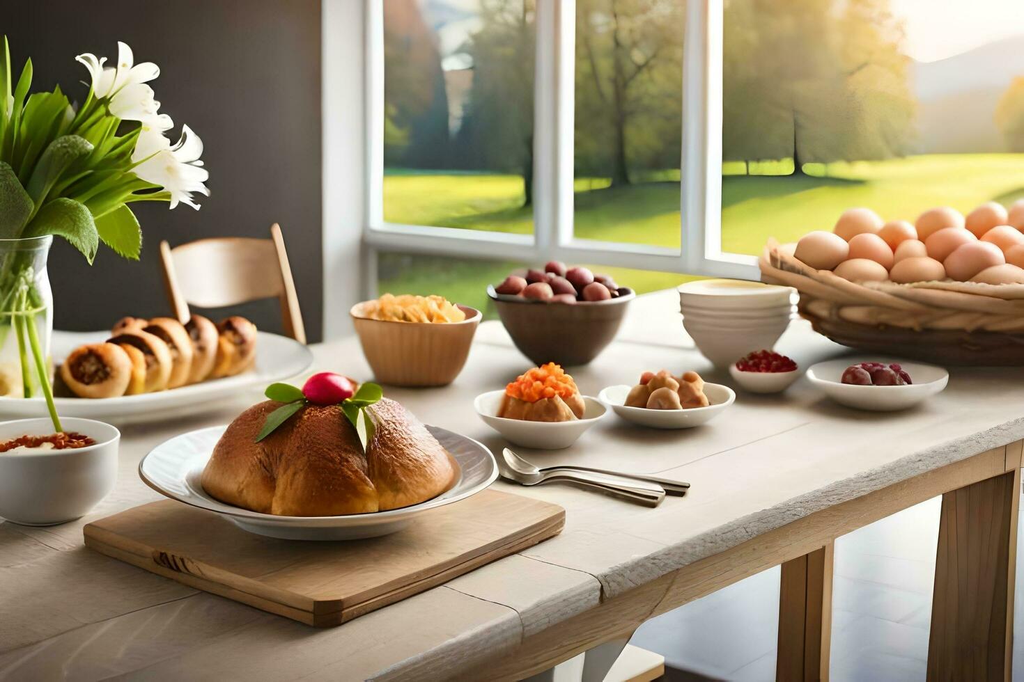 a table with food and flowers on it. AI-Generated photo
