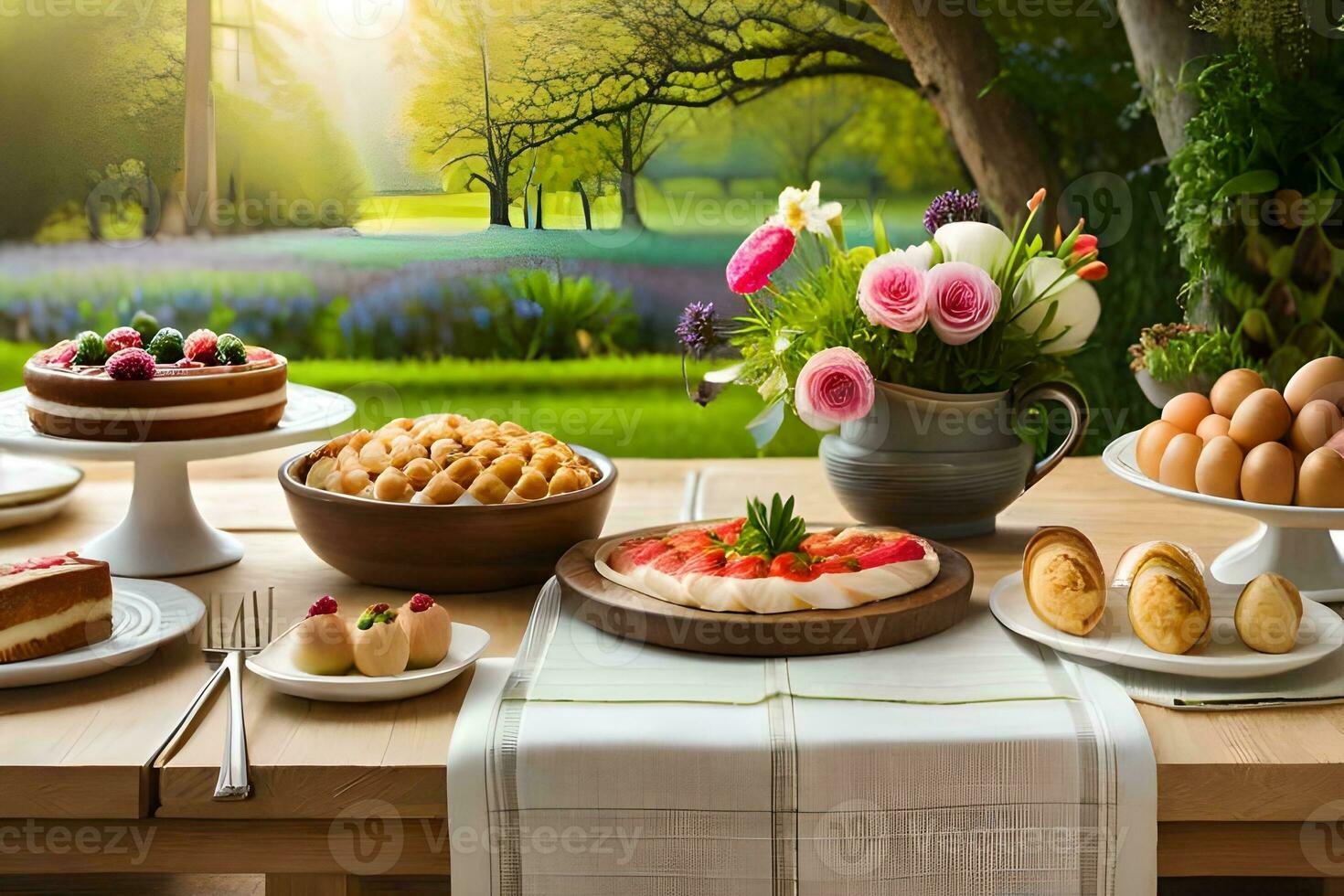 a table with cakes, pastries and other food. AI-Generated photo