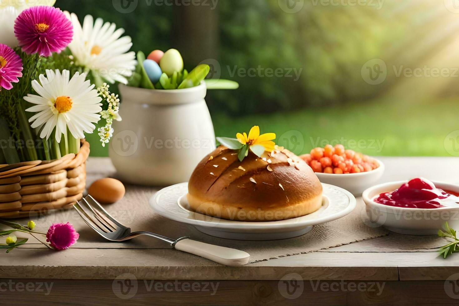 a plate with a bun, eggs, and flowers on a table. AI-Generated photo