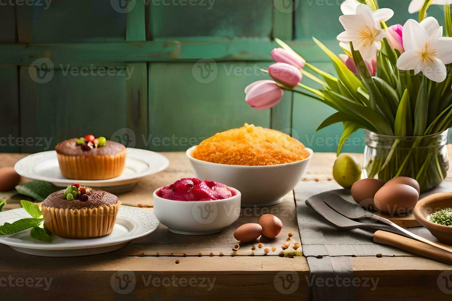 easter table with cupcakes, flowers and eggs. AI-Generated photo