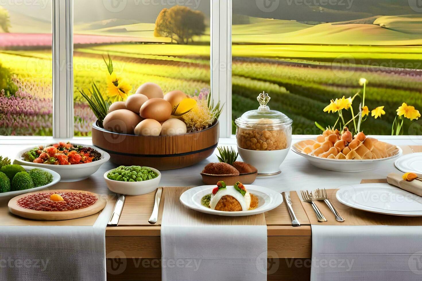 a table set with food and flowers. AI-Generated photo