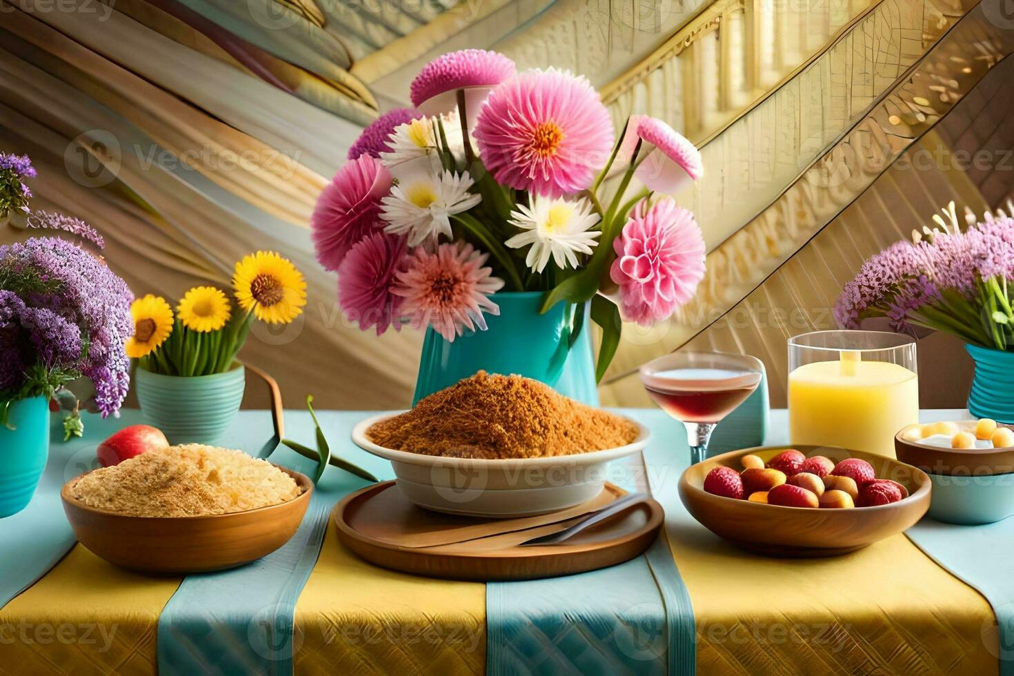 a table with bowls of rice, flowers and other food. AI-Generated photo