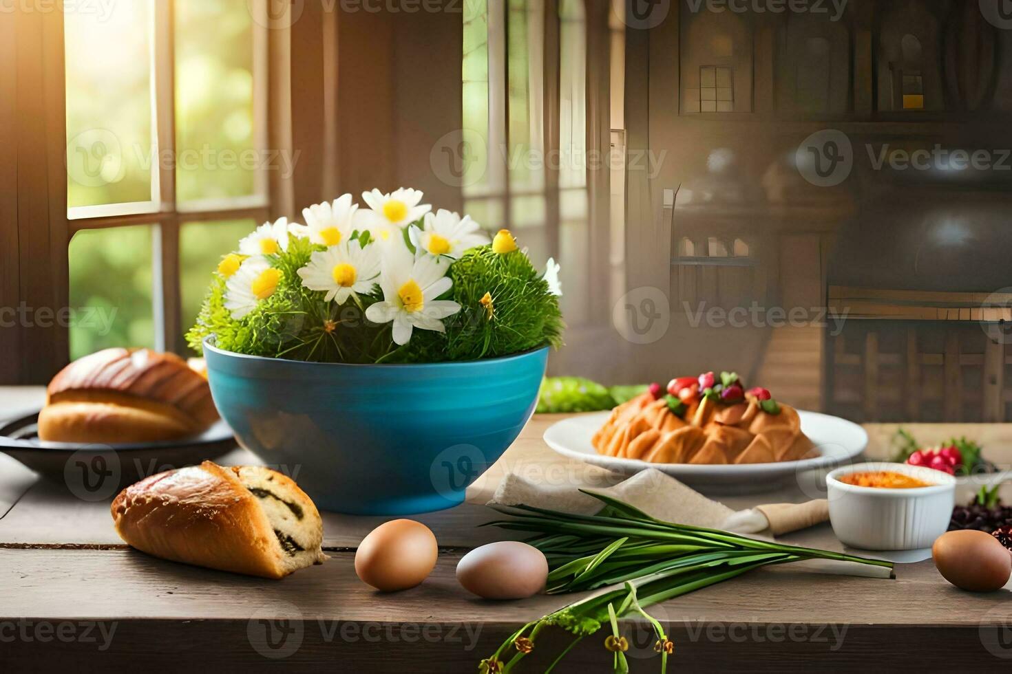 a table with eggs, bread and flowers. AI-Generated photo