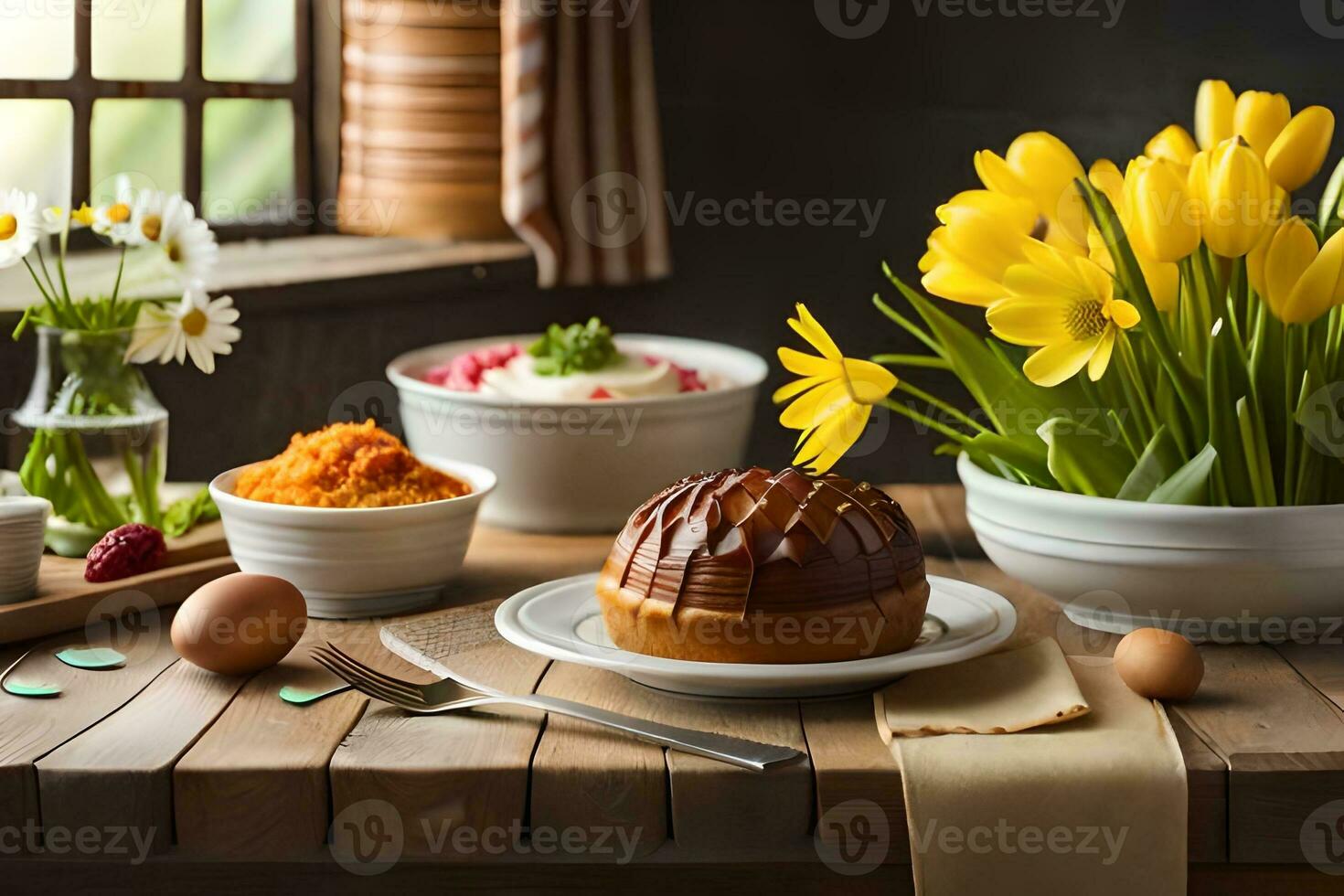 un mesa con un pastel, huevos, y otro alimento. generado por ai foto