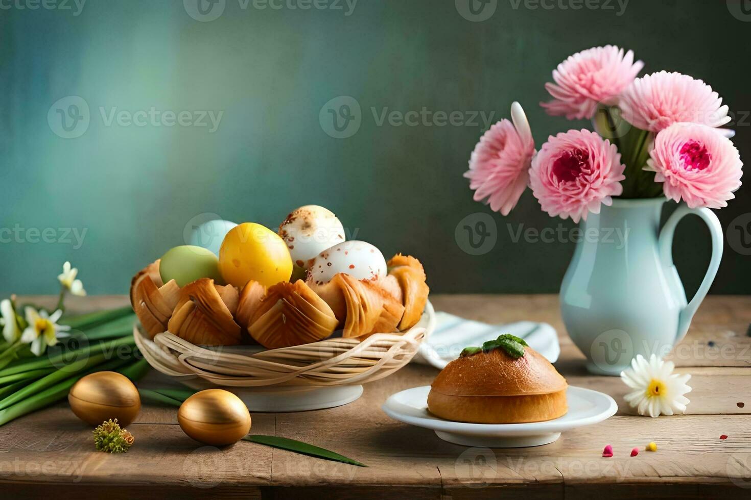 easter flowers and easter eggs in basket on table. AI-Generated photo