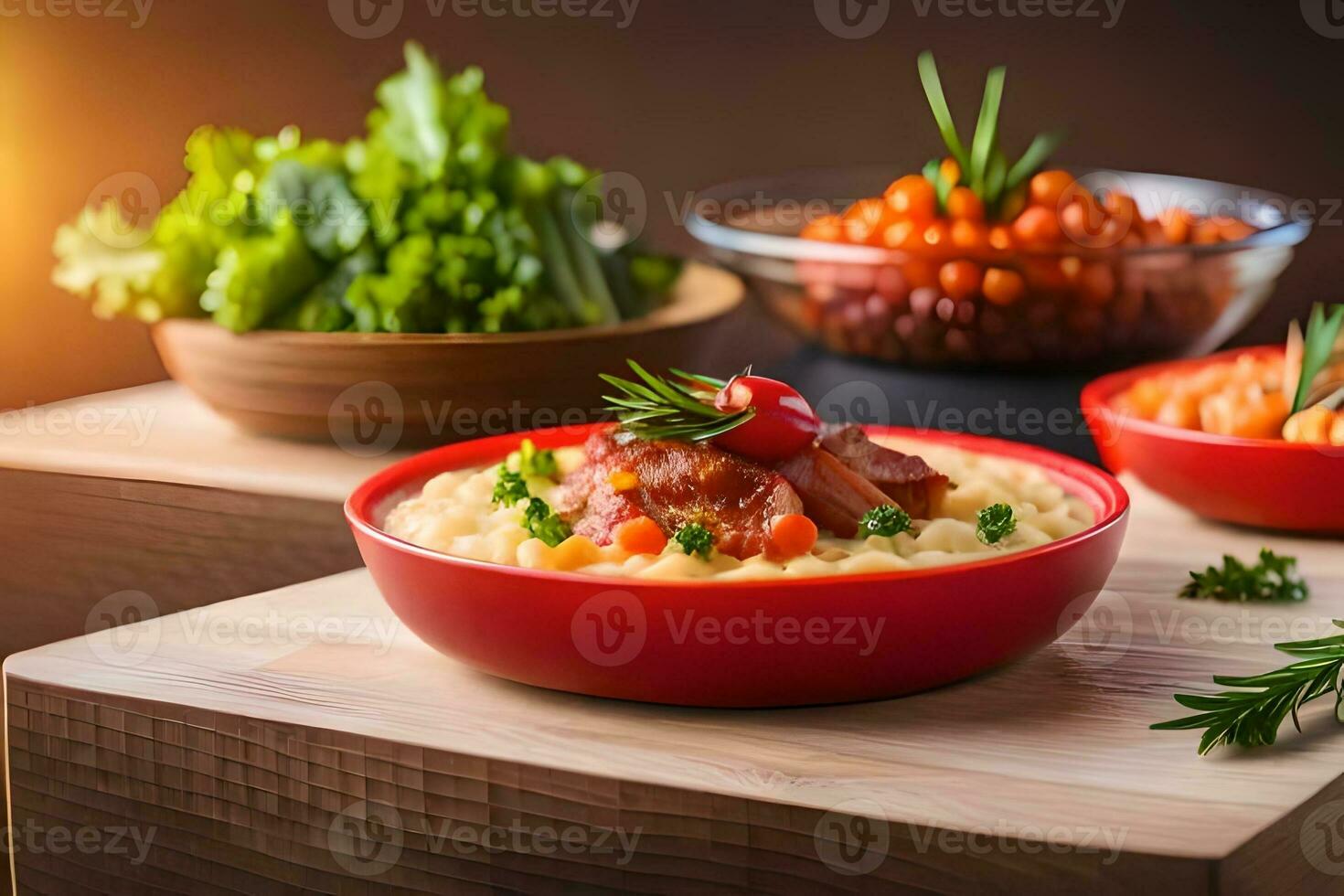three bowls of food with vegetables and meat on a wooden table. AI-Generated photo