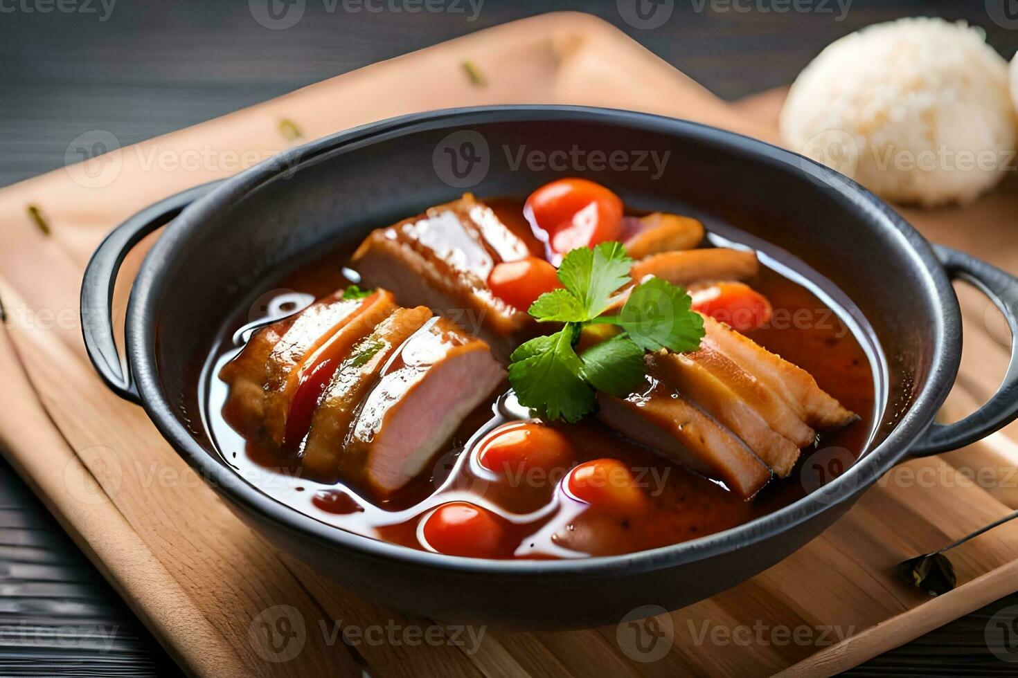 a bowl of meat and vegetables with sauce on a wooden table. AI-Generated photo