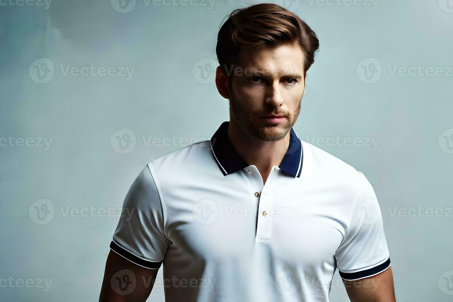 a man in a white polo shirt and black pants. AI-Generated photo