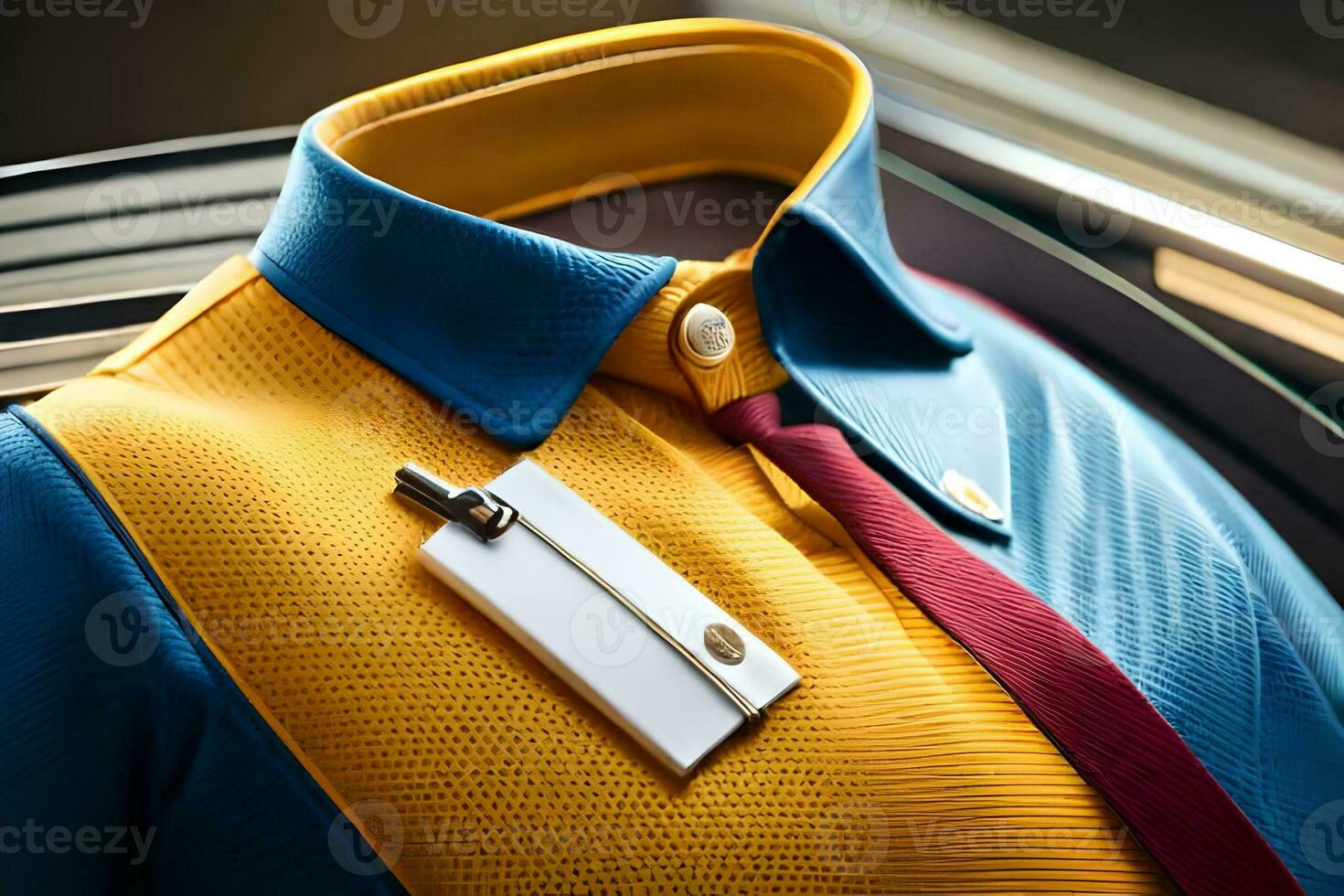 a close up of a blue and yellow shirt with a white tag. AI-Generated photo