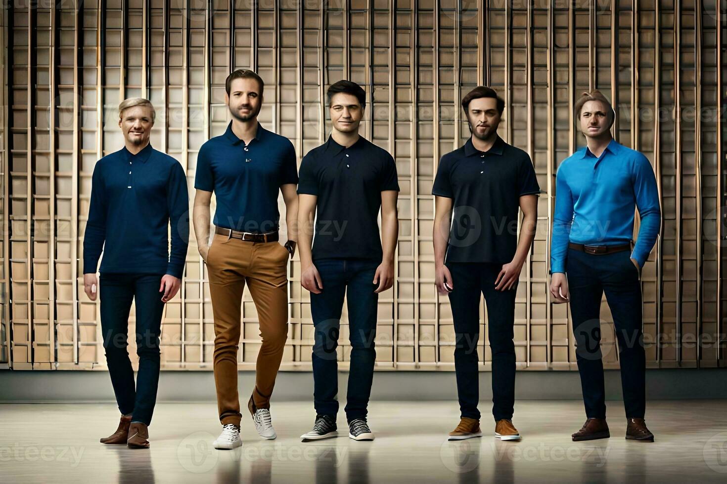 cinco hombres en azul polo camisas en pie en frente de un pared. generado por ai foto