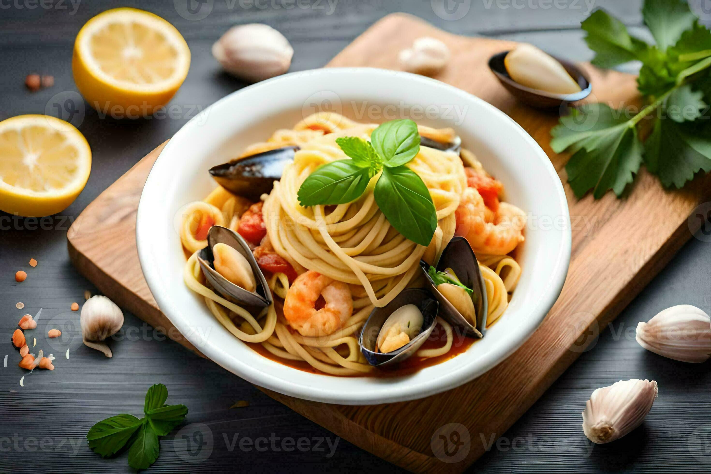 spaghetti with mussels and clams. AIGenerated 33629175 Stock Photo at