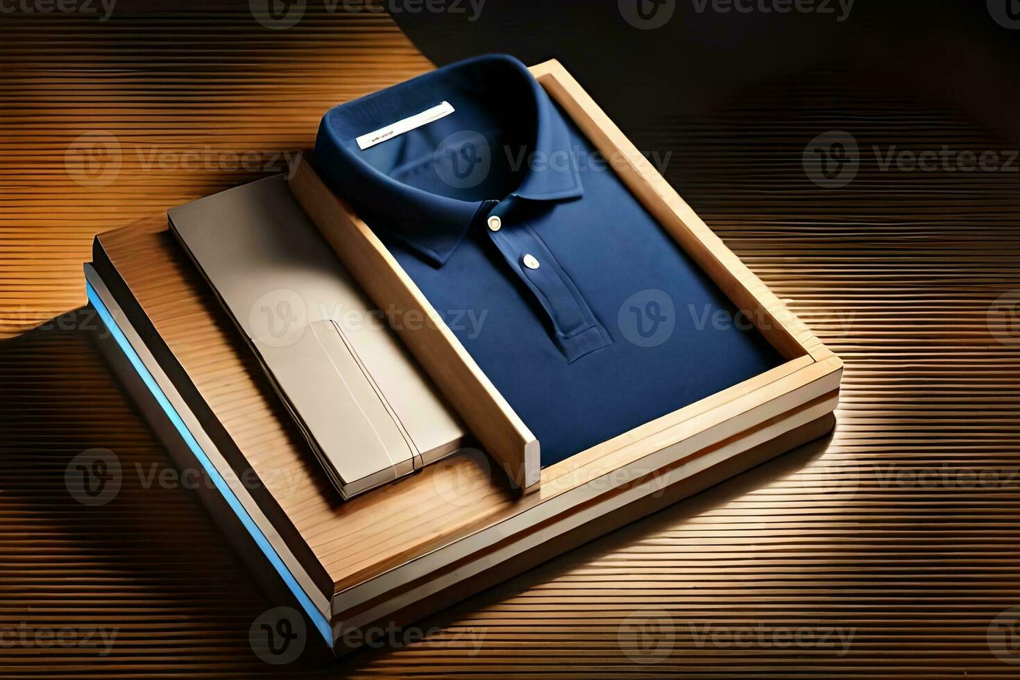 un azul polo camisa y un par de calcetines en un de madera caja. generado por ai foto
