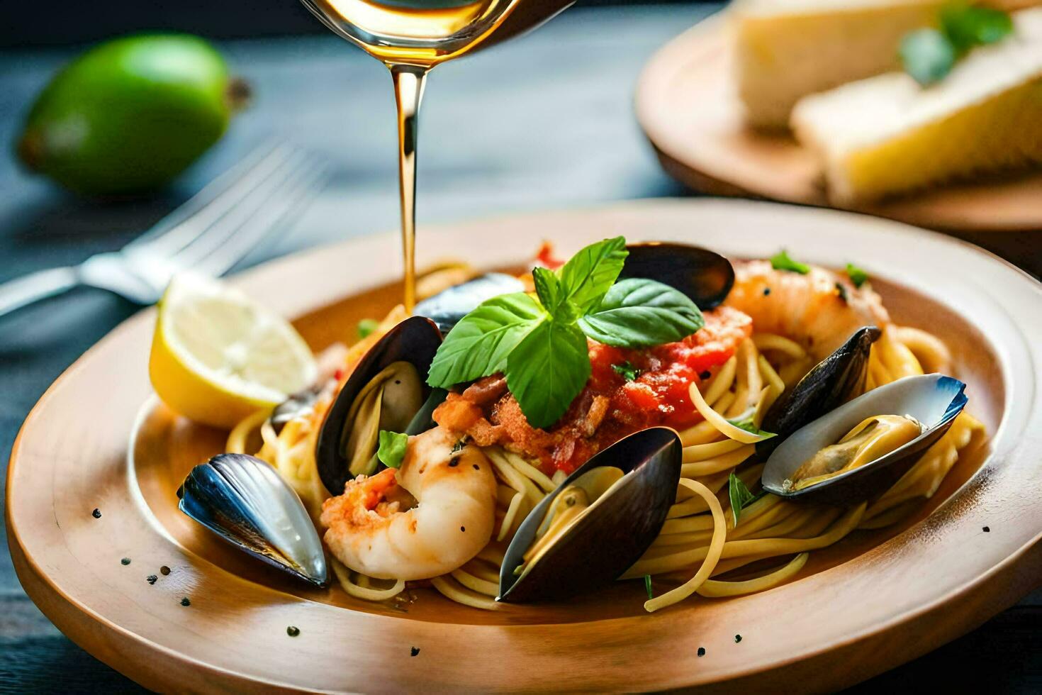 spaghetti with mussels, clams and tomatoes is being poured with olive oil. AI-Generated photo