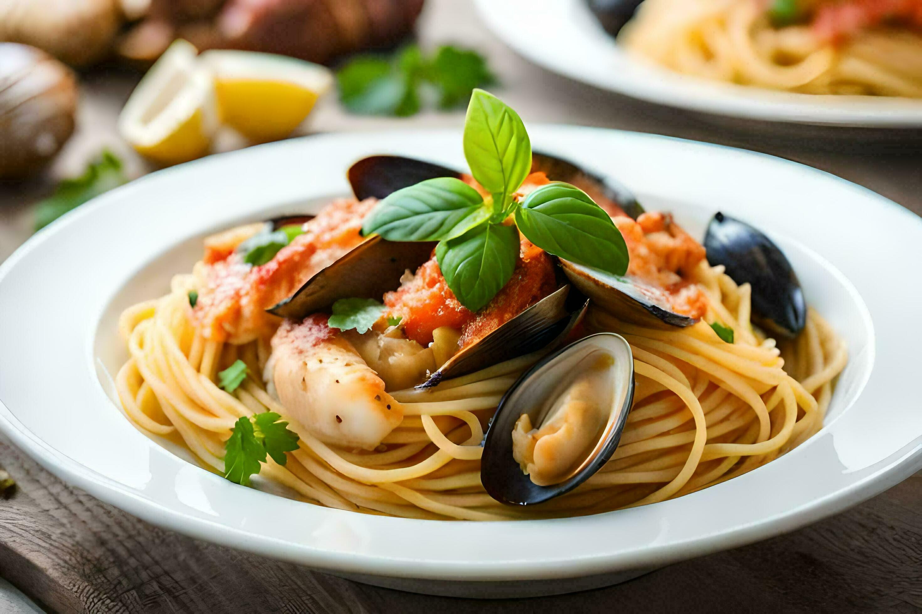 spaghetti with mussels and clams. AIGenerated 33629185 Stock Photo at