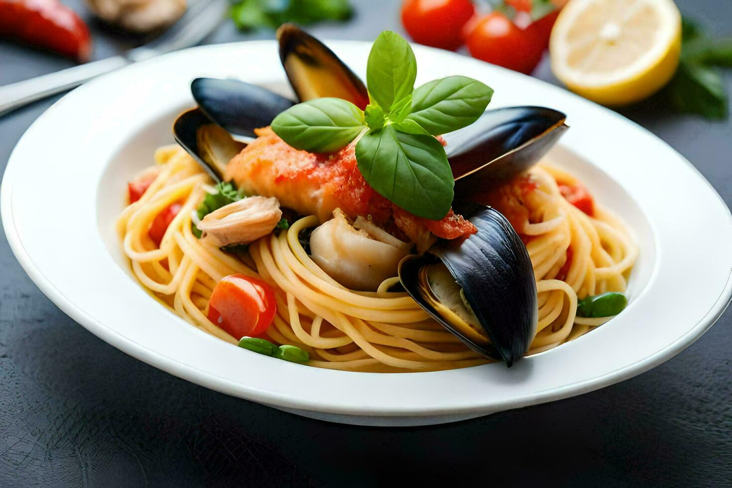spaghetti with mussels and tomatoes in a white plate. AI-Generated photo