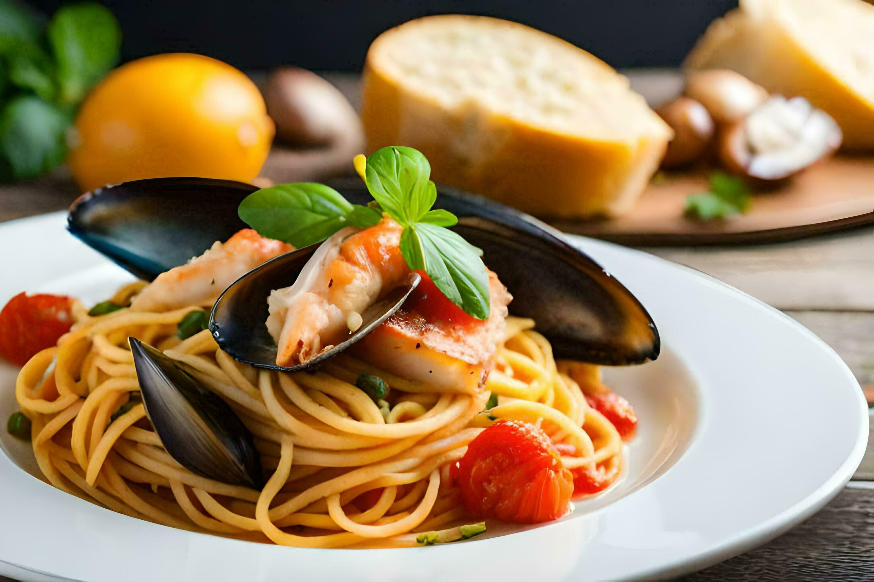 spaghetti with mussels and clams. AIGenerated 33629198 Stock Photo at