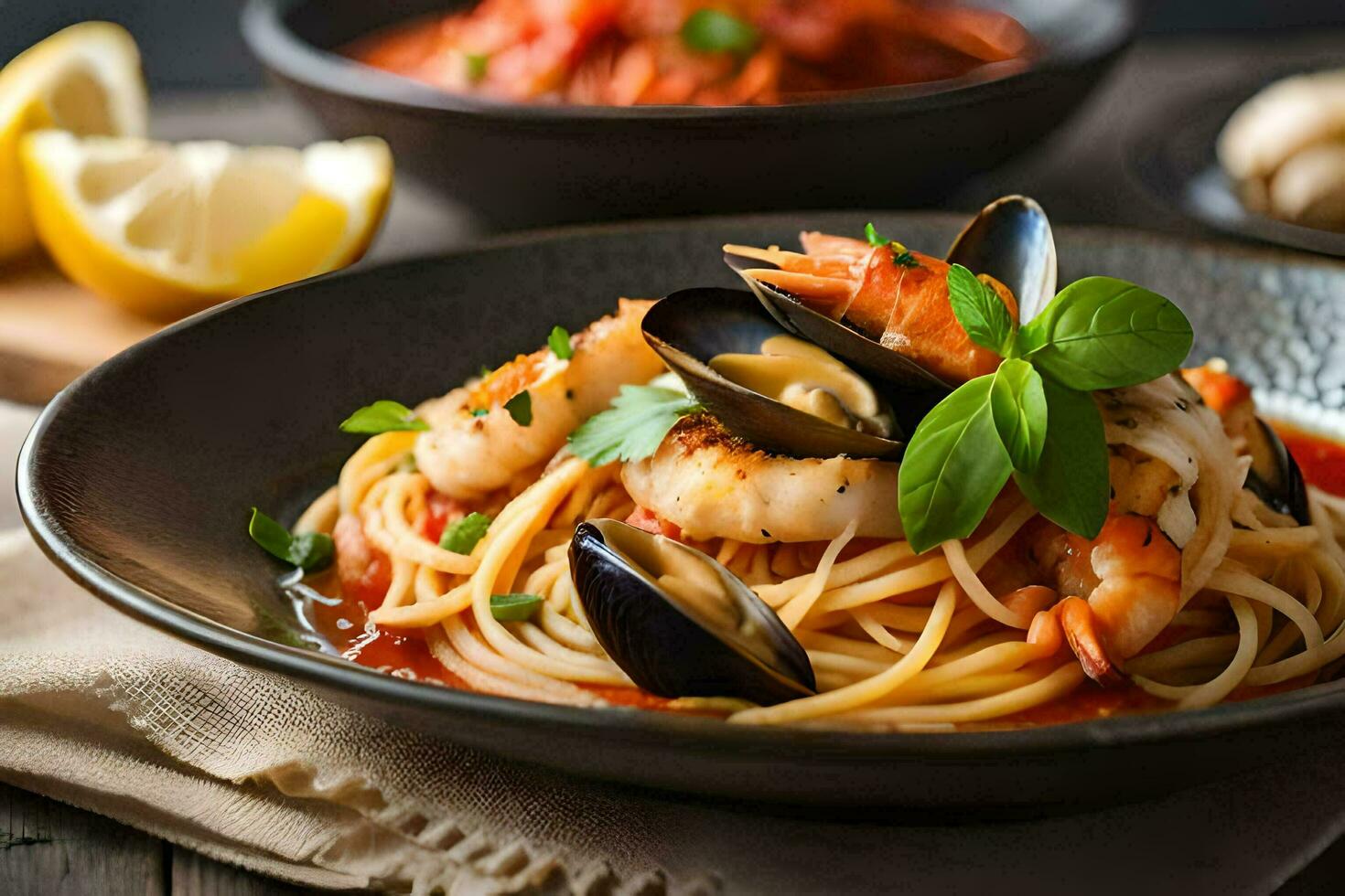 spaghetti with mussels and shrimp in tomato sauce. AIGenerated