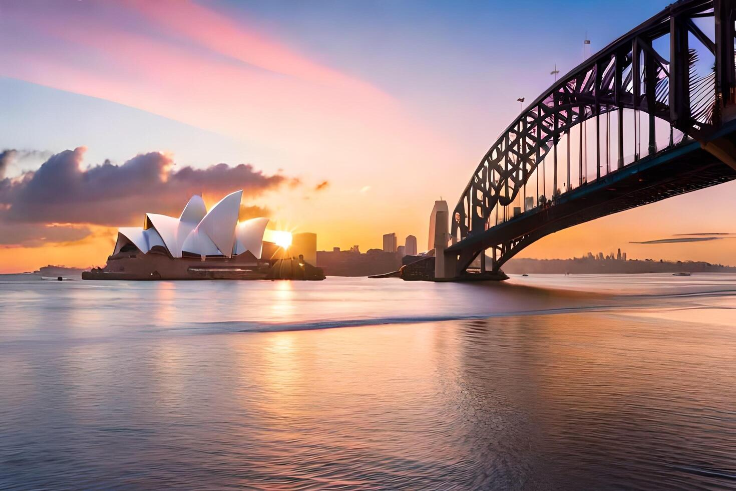 sydney opera house and bridge at sunset. AI-Generated photo